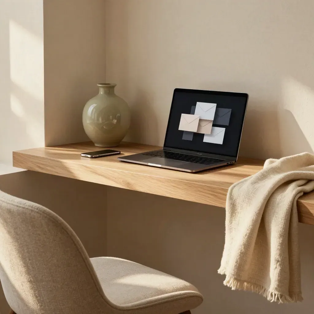 Warm oak reading nook with laptop, linen throw and soft lime accent in golden light