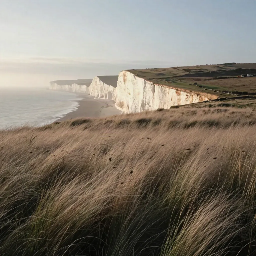Windblown meadow above chalk cliffs, hazy sea horizon, calm open space below.