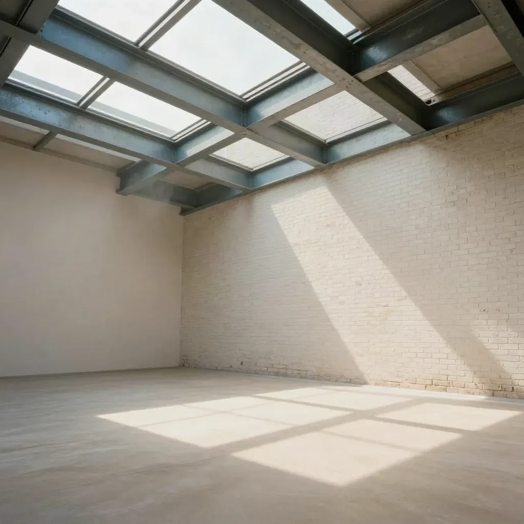 Sunlit pale-brick atrium with steel beams and calm polished floor, viewed from a raised corner.