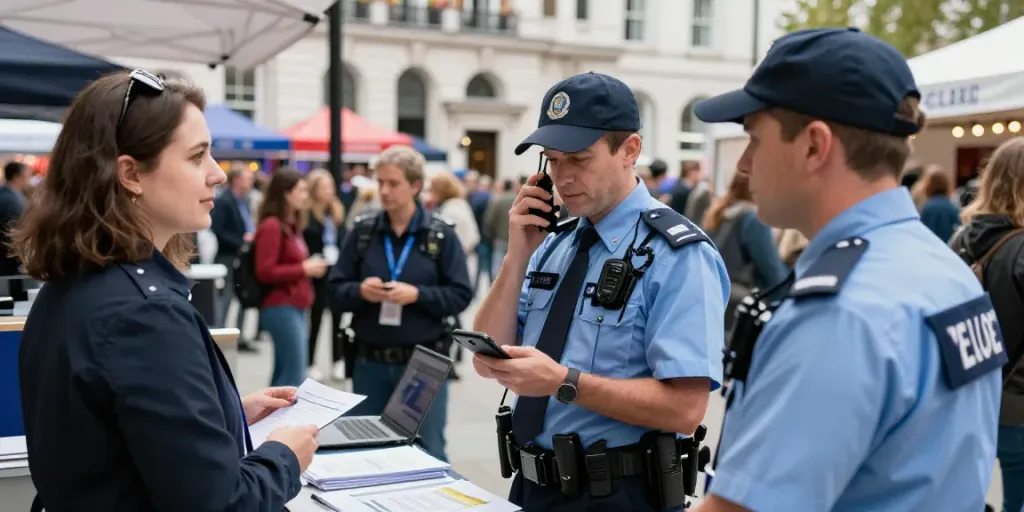 Security team at a corporate event ensuring safety and protection for attendees in a vibrant London setting.
