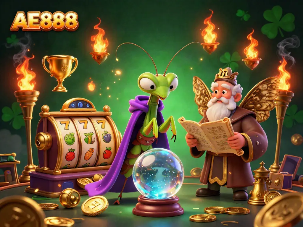 AE888 slots illustration featuring a fortune teller, librarian, and dynamic game elements.