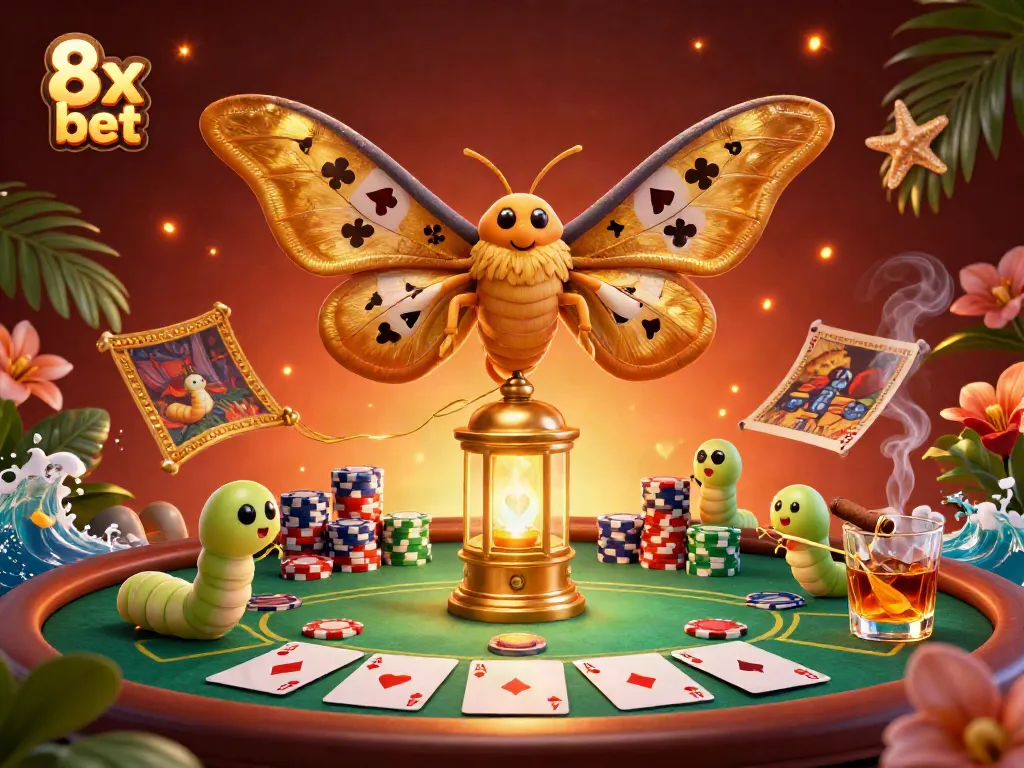 Engage in thrilling gameplay with 8x bet through a vibrant 3D casino illustration featuring poker games.