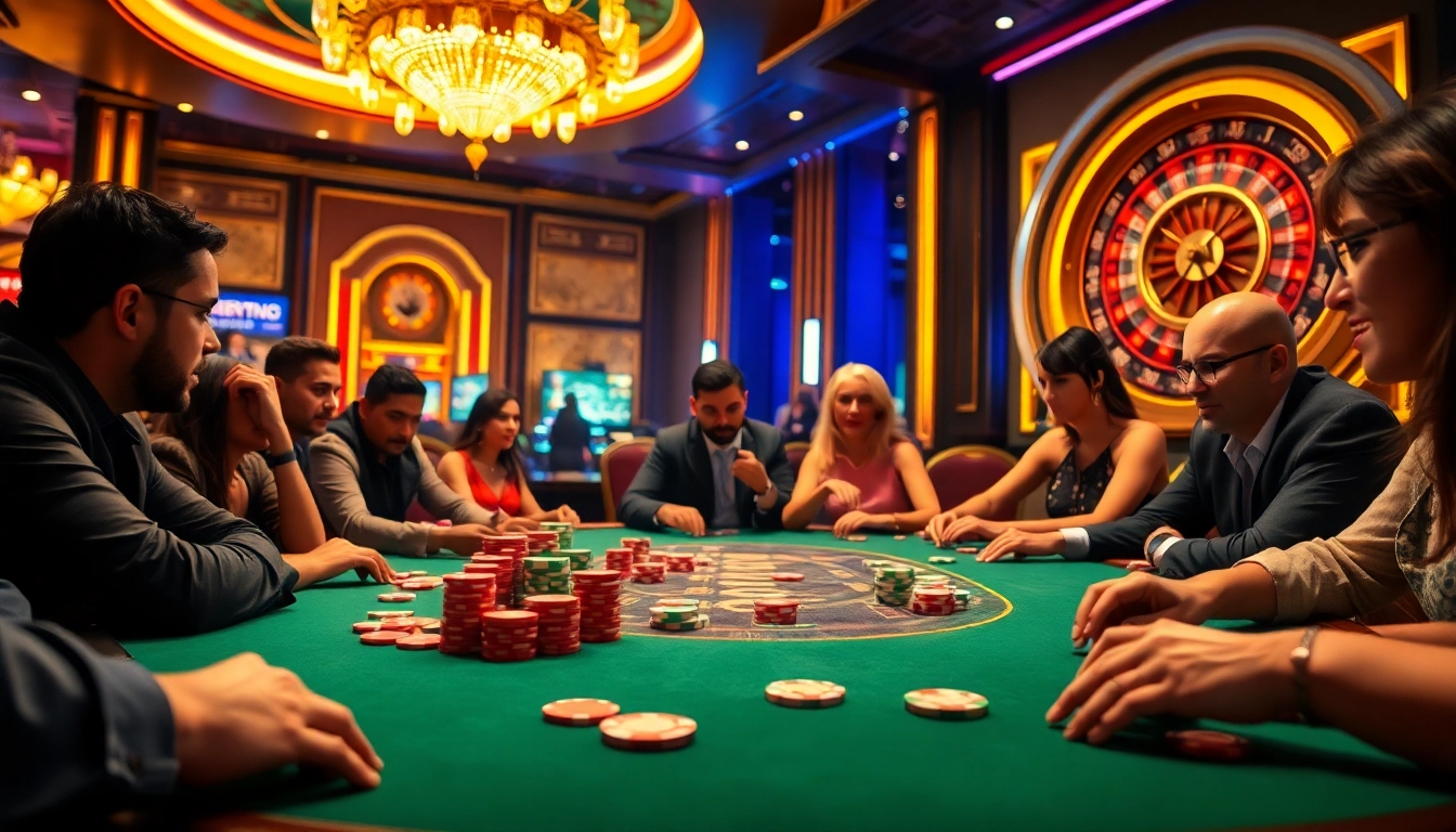 Experience the thrill of online gambling at https://rr888.video/, featuring players in an intense poker game amidst a luxurious casino backdrop.