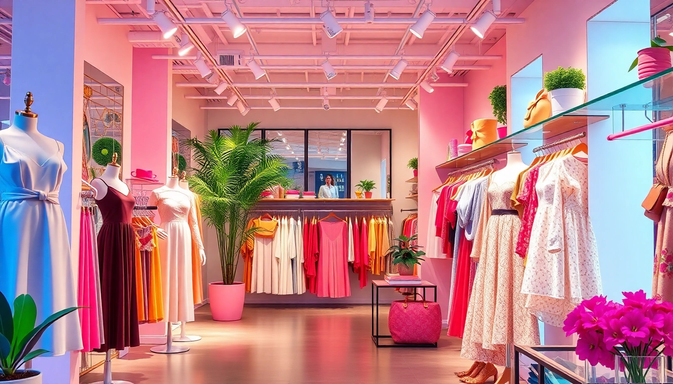Showcase trendy women fashion attire in a chic boutique setting, highlighting diverse clothing styles.