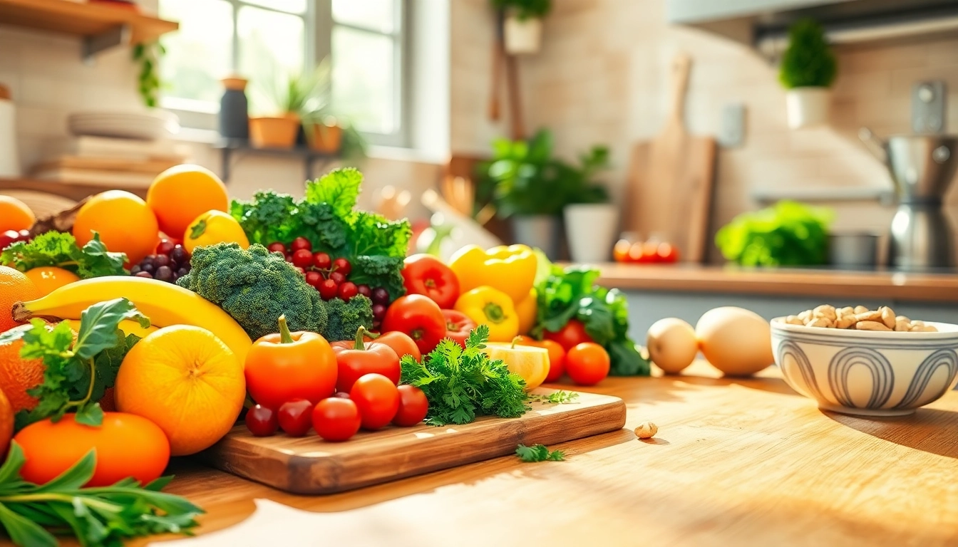 Freshly arranged healthy food ingredients in a sunlit kitchen evoke a vibrant and nutritious lifestyle.