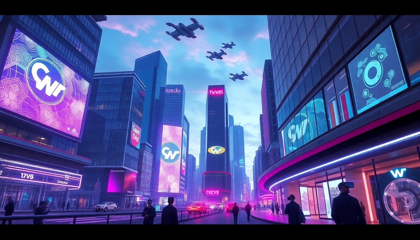 Explore New Technology in a vibrant, futuristic city illuminated by holograms and flying vehicles.