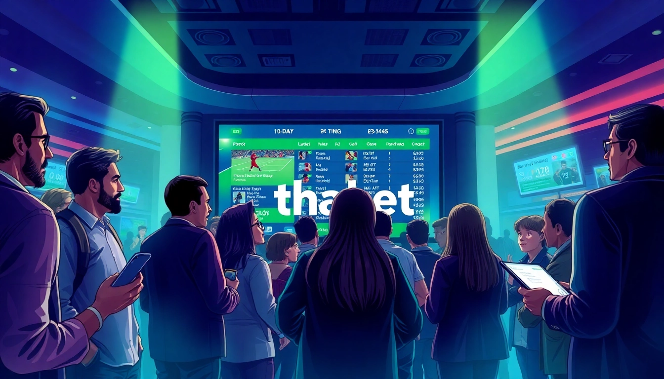 Enthusiastic sports bettors engaging with thabet betting options in a lively casino scene.