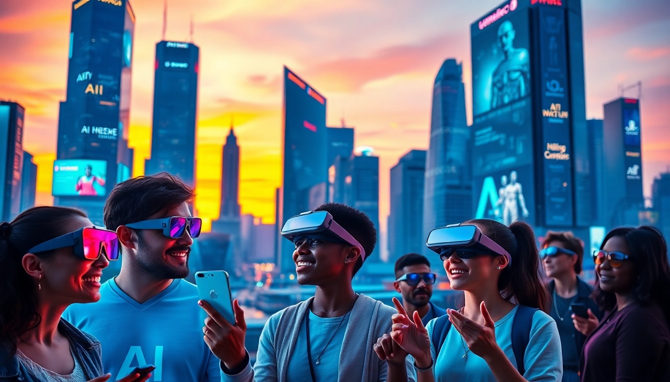 Exploring innovative New Technology in a futuristic city filled with digital displays.