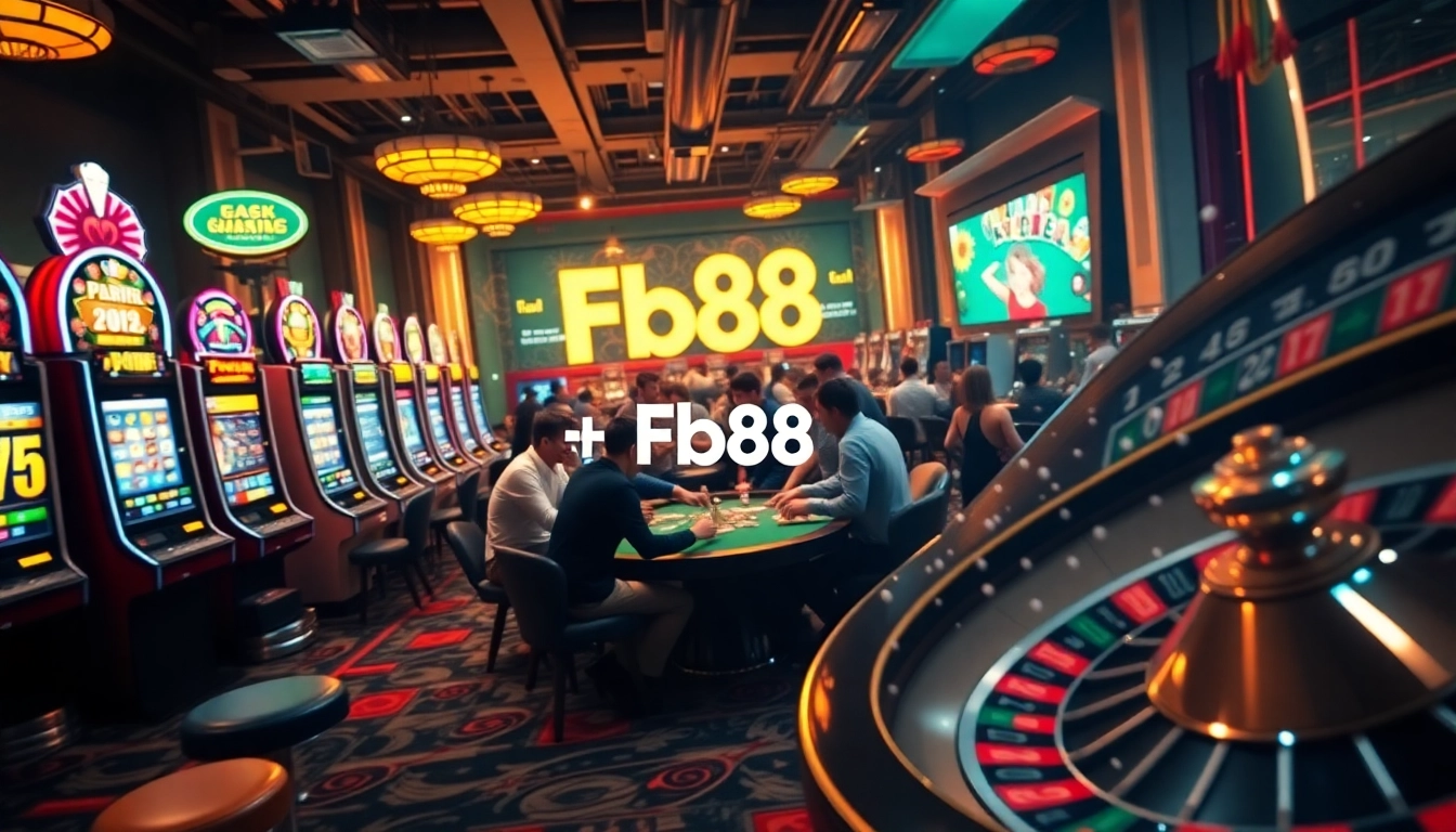 FB88 Casino scene with players at a poker table and slot machines.