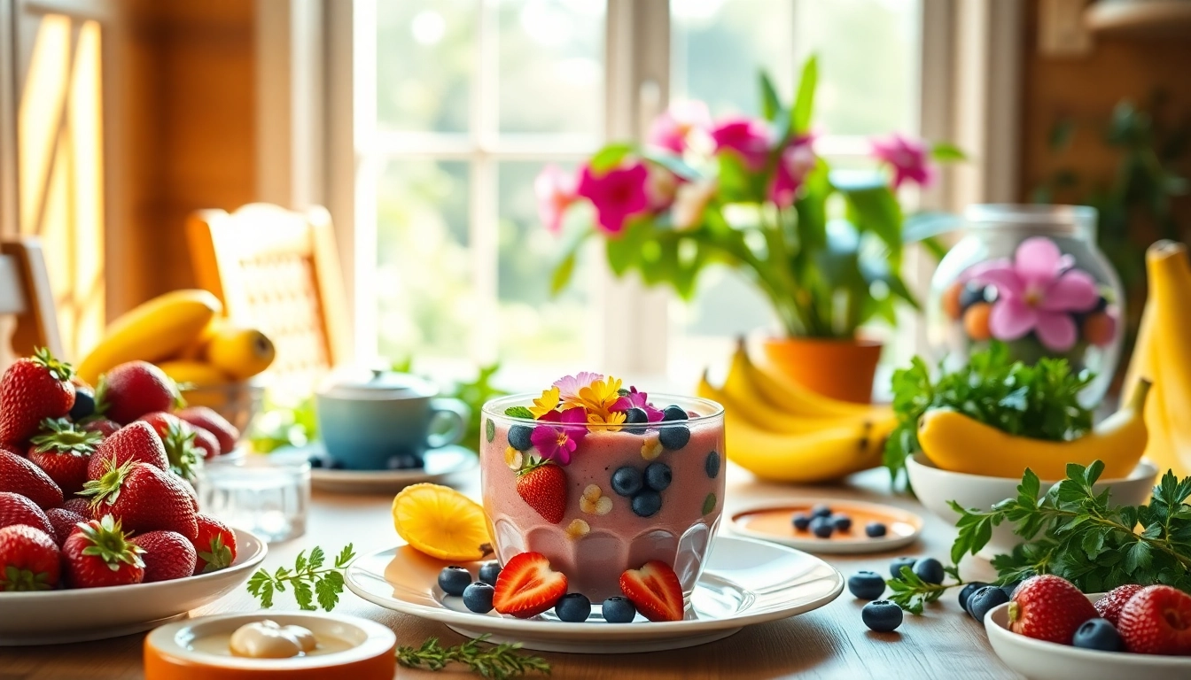 Colorful arrangement of healthy food options on a breakfast table.