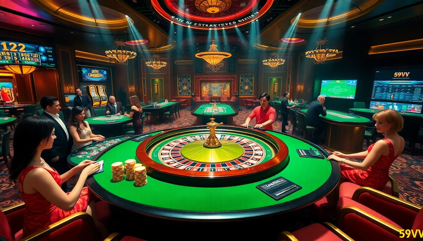 Stunning scene of 69VN casino with players at a roulette table full of excitement.