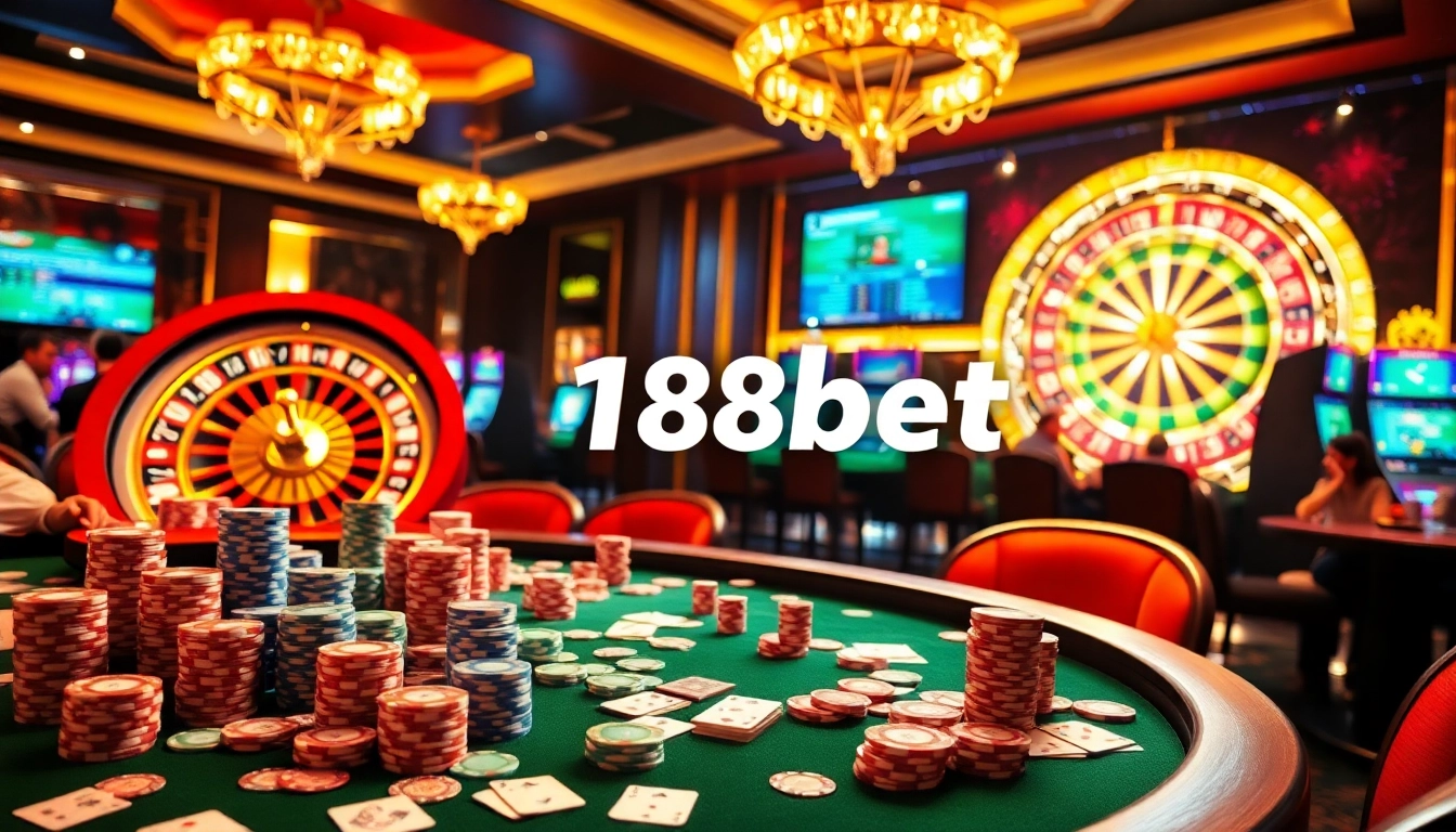 Experience the excitement of 188bet at a luxurious casino featuring poker tables, roulette, and high-stakes gaming.