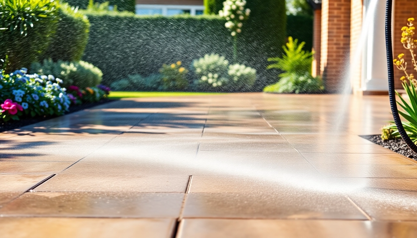 Jet washing a driveway, with water transforming the surface from dirty to clean in bright sunlight.