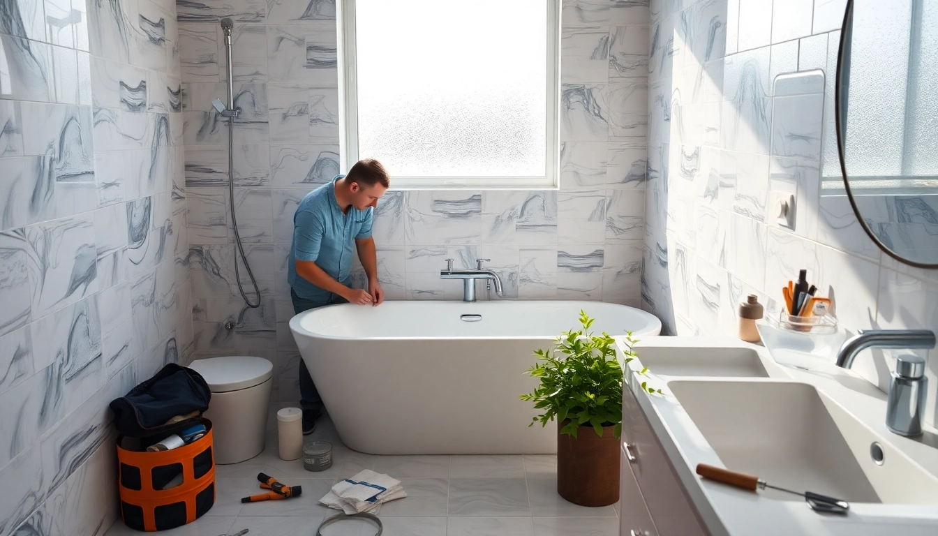 Bathroom fitters installing a modern bathtub in a stylish, well-lit bathroom setting.