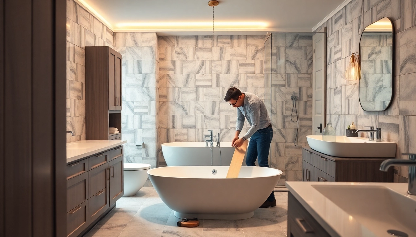 Bathroom fitters expertly installing luxurious fixtures in a modern bathroom