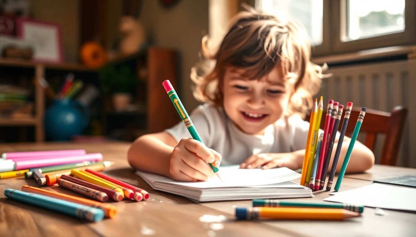 The easy grip pencil enhances children's writing comfort and joy while drawing at a wooden desk.