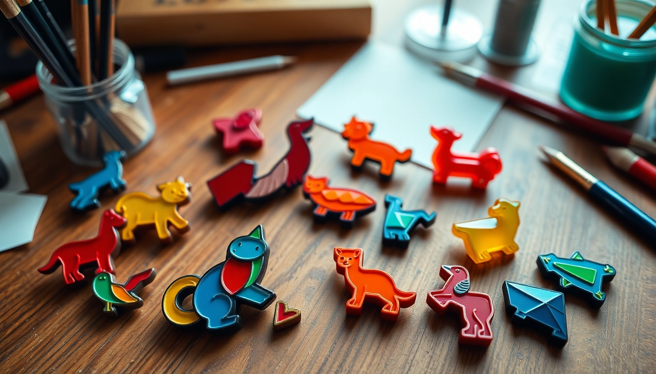 Showcase custom acrylic pins in vibrant colors, highlighting unique designs on a wooden desk.