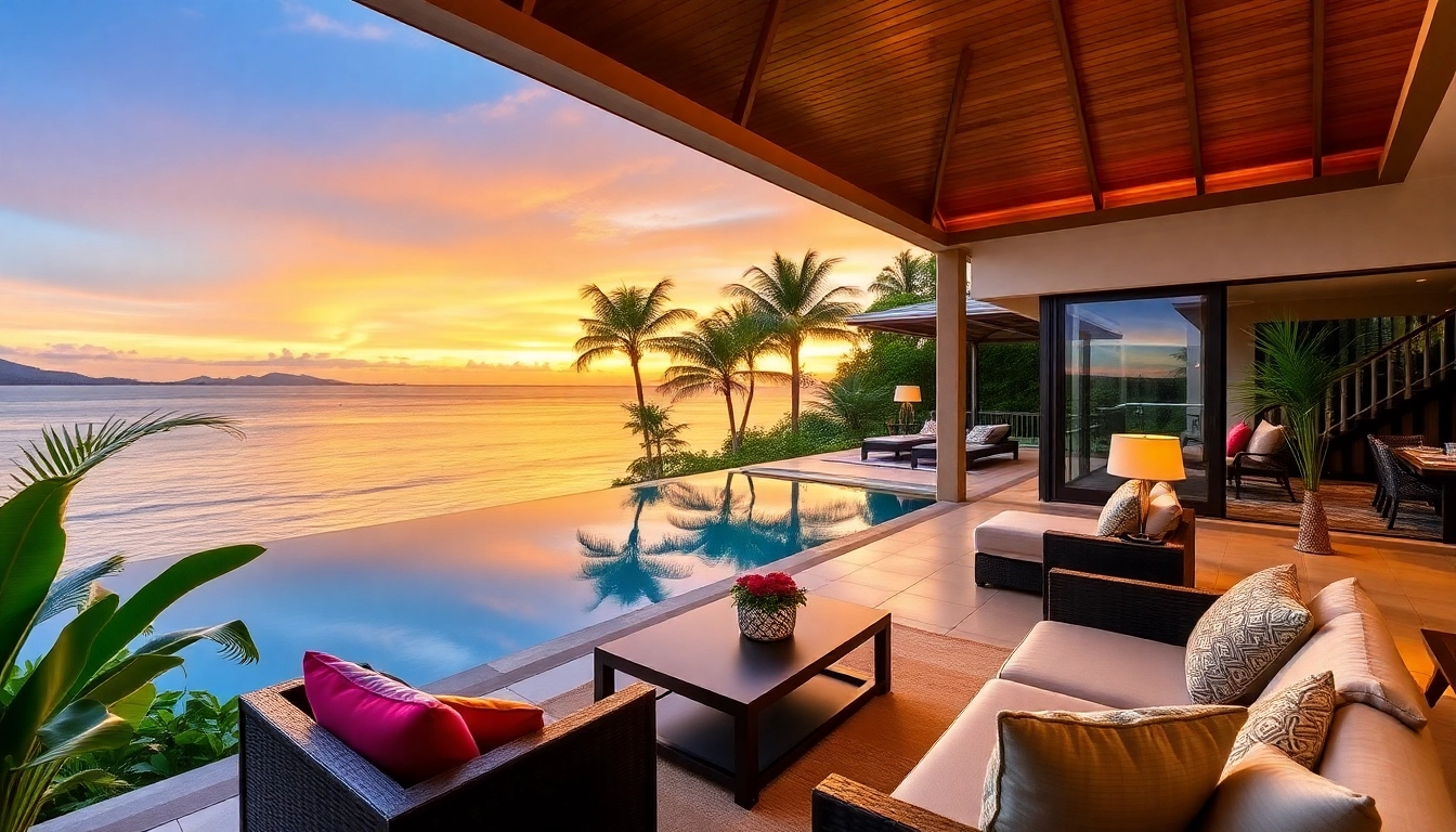Stunning sunset view of a luxurious property management phuket villa, showcasing seaside aesthetics and serene atmosphere.