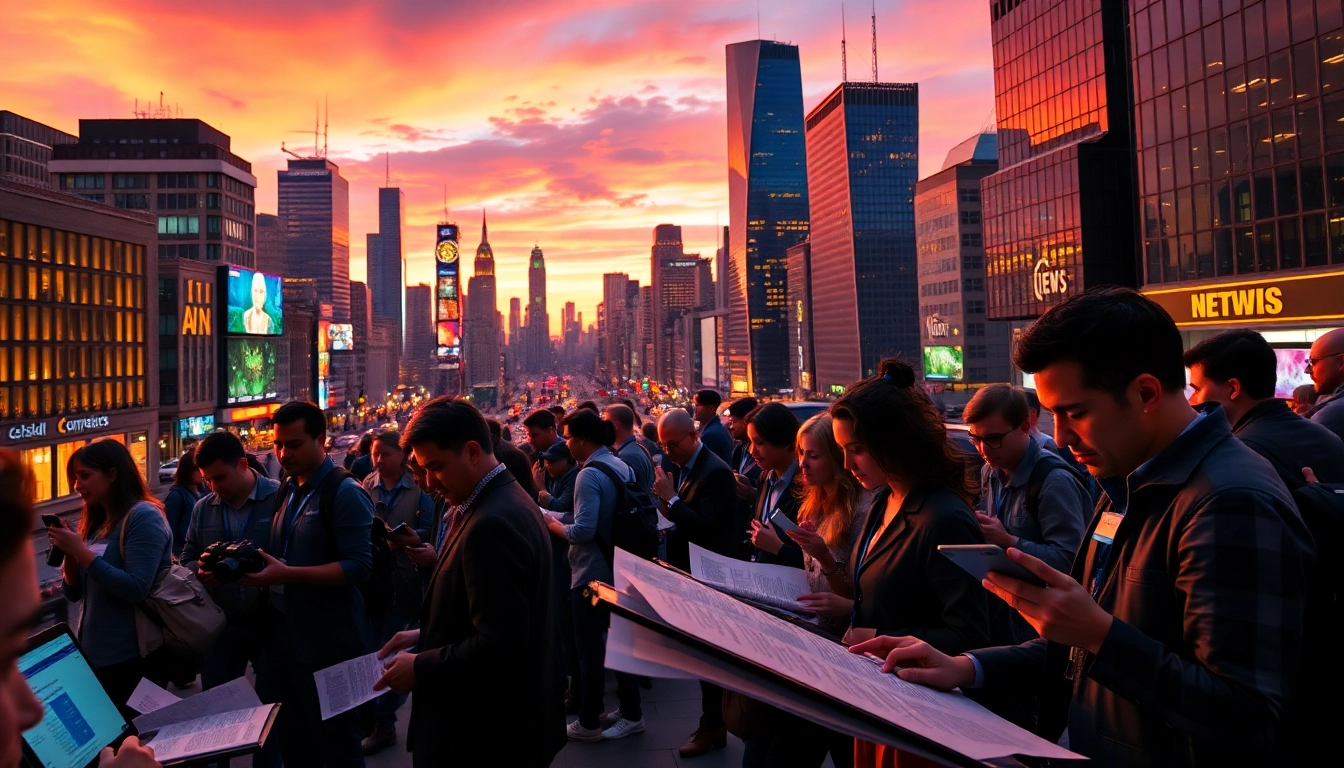 Journalists reporting breaking news in an energetic urban newsroom setting, full of life and activity.