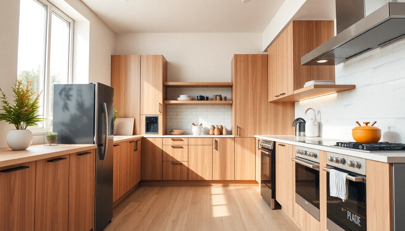 Showcase бяла техника in a stylish kitchen, highlighting modern appliances like a refrigerator and dishwasher.