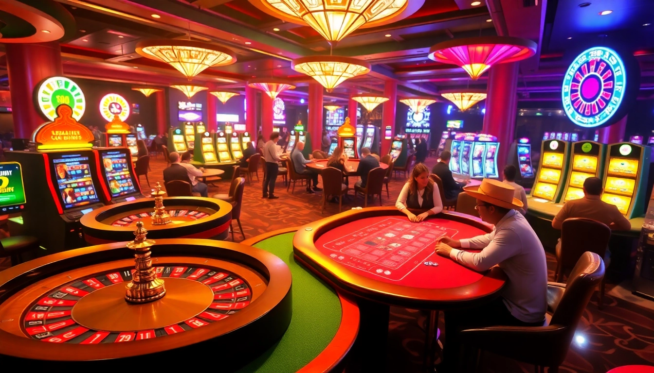 Exciting casino scene showcasing KJC AC 1 with roulette wheels and poker games.