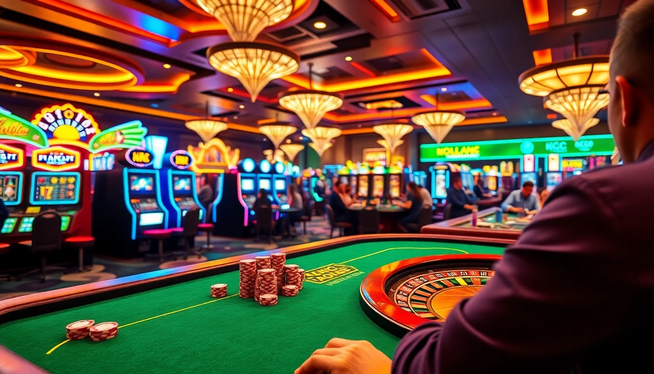 KJC AC 2 represents a lively casino scene with players enjoying poker and slot machines, showcasing excitement in the game.