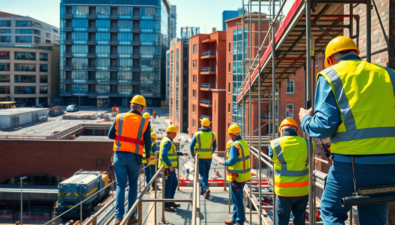 Scaffolders in Bolton erecting caffolding structures at a lively construction site.