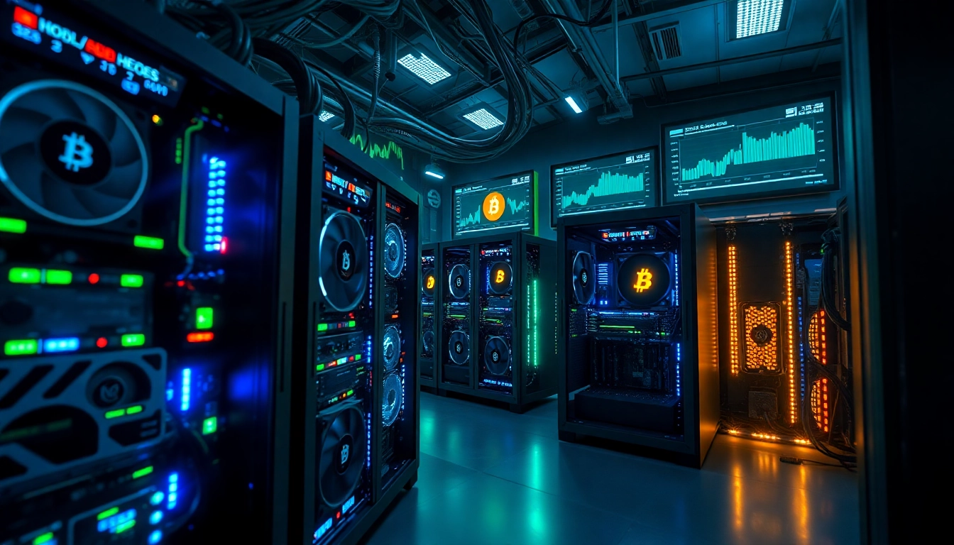 Bitcoin mining setup with high-tech ASIC rigs and digital screens displaying cryptocurrency data.