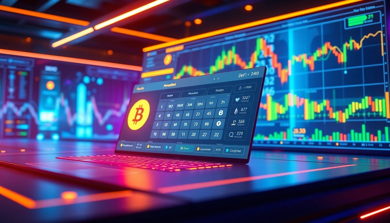 Calculator for cryptocurrency analysis with blockchain visuals and trading charts.