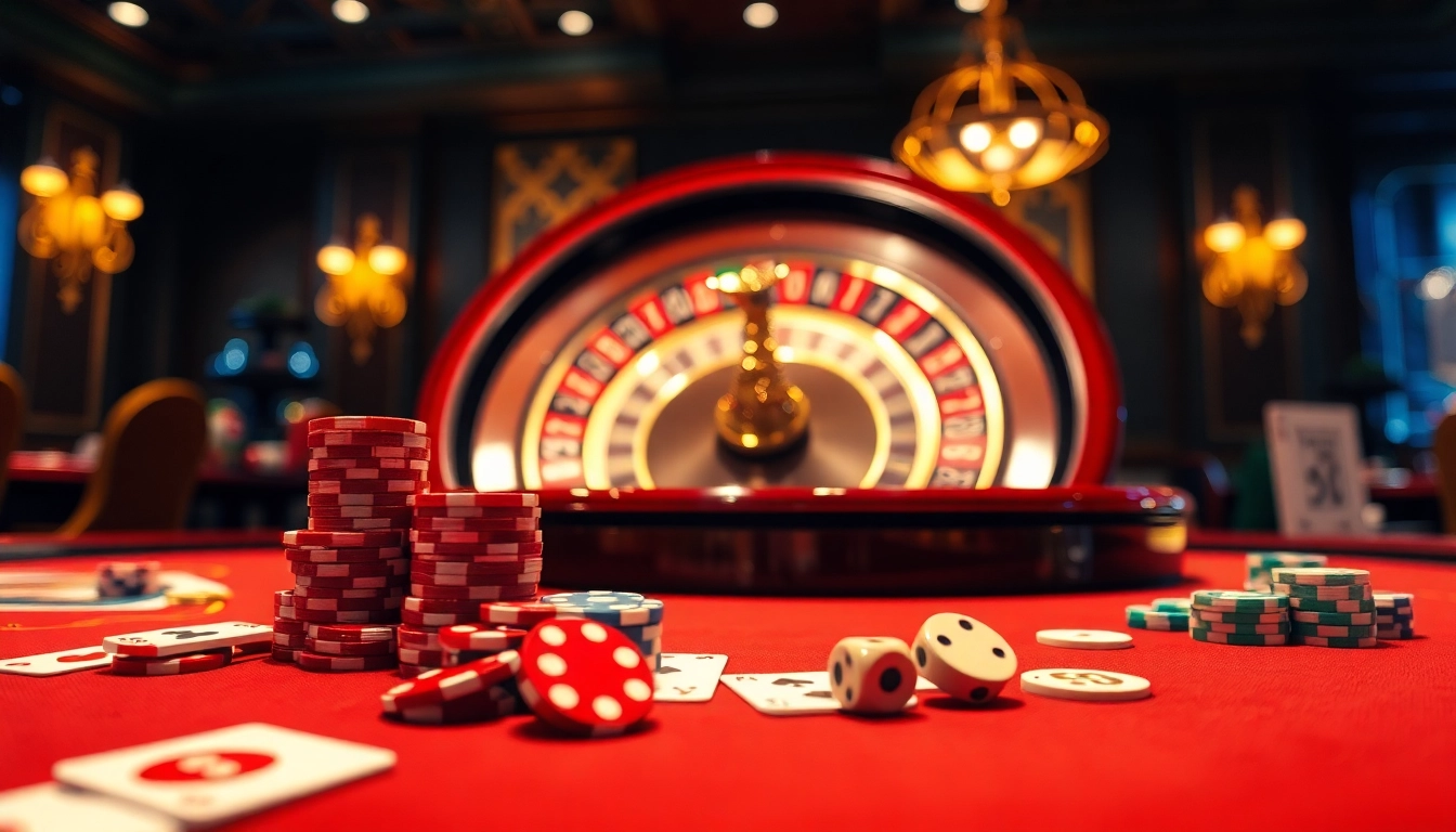 BU88 casino scene with luxurious gambling tables, vibrant lights, and exciting gameplay elements.