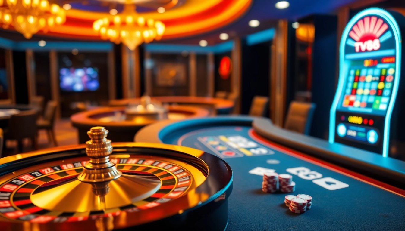 Exciting casino scene featuring roulette, poker tables, and slots, highlighting tv88 experiences.