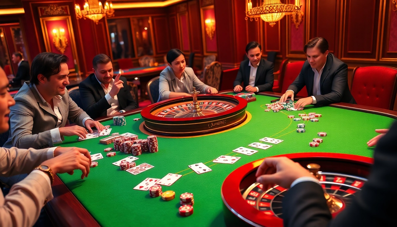 Engaging gamblers at the luxurious table games and digital interfaces of jun88.com, showcasing vibrant casino excitement.