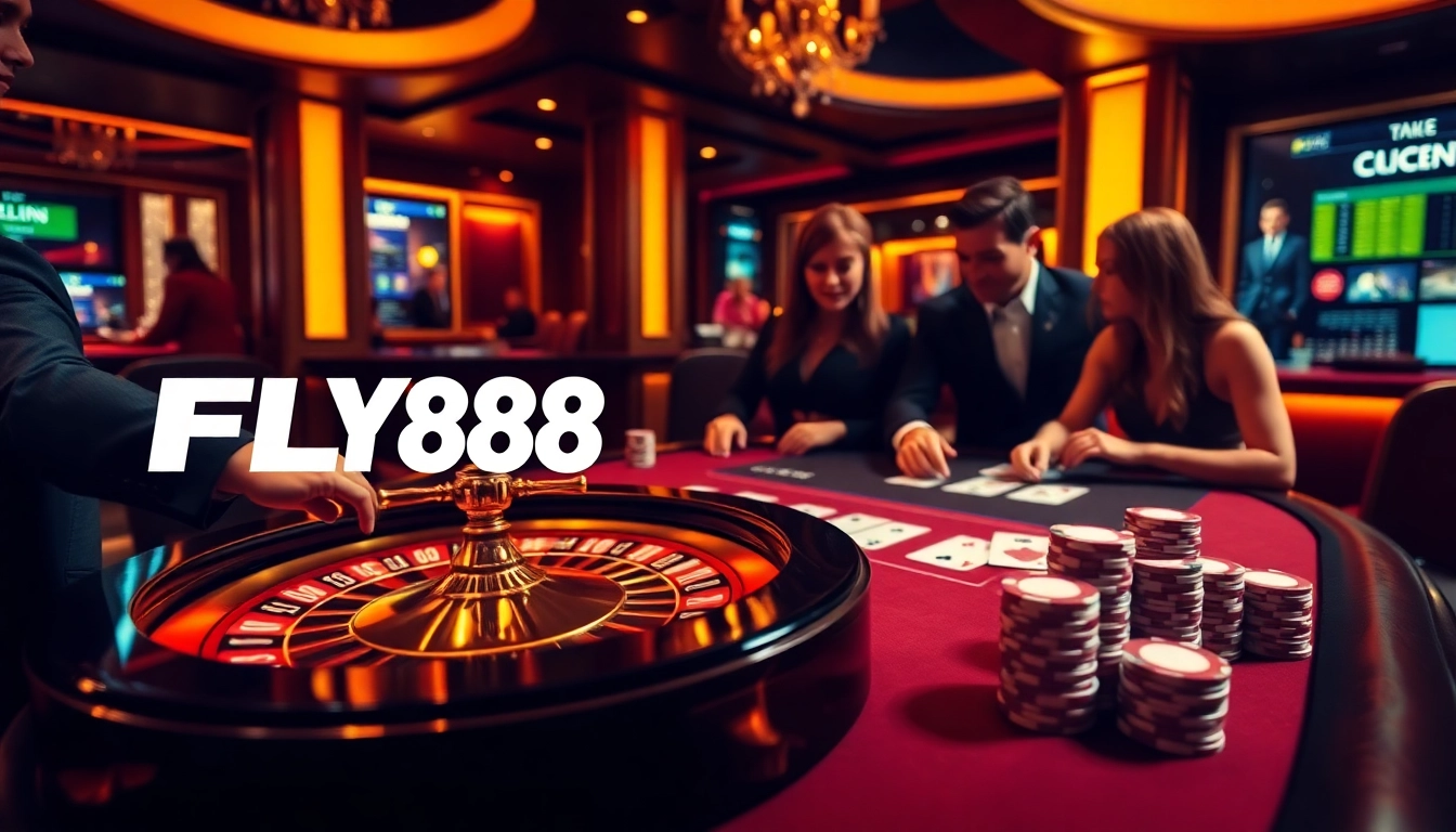 FLY88 players enjoying an exciting moment at the casino table, showcasing gambling action and luxury.