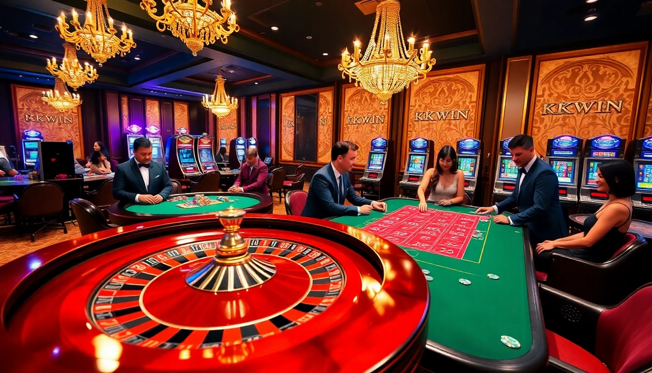 Players enjoying an exciting game at KKWIN casino, engaging with roulette and poker tables.