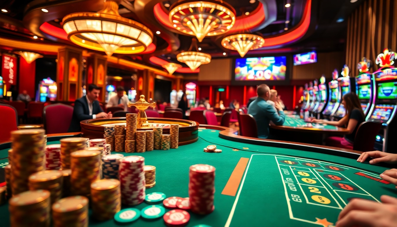 Engaged players enjoying high-stakes games at 2PH222 COM casino with vibrant tables and slot machines.
