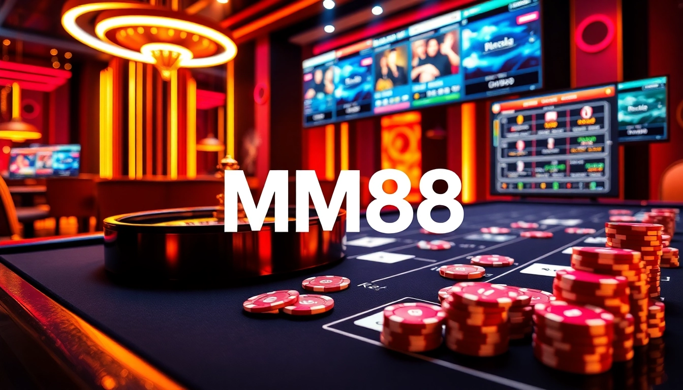Experience the excitement of MM88 at a luxurious casino with vibrant poker chips and a spinning roulette wheel.