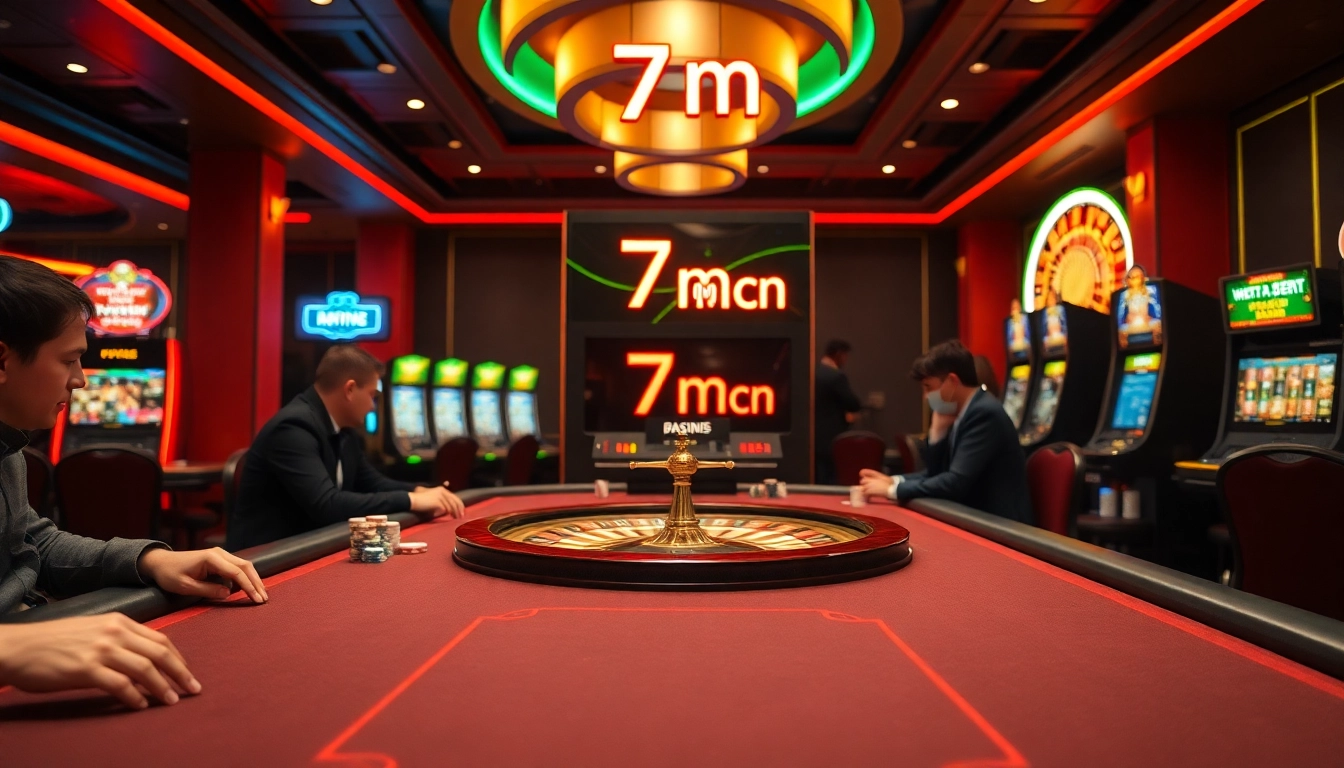Engaging casino scene featuring poker tables and dynamic '7m cn' displays, illustrating high-stakes excitement and luxury.