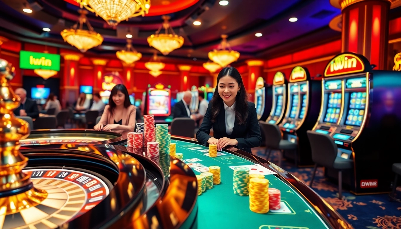 Engage with iwin gaming excitement at a luxurious casino featuring roulette, slots, and poker action.