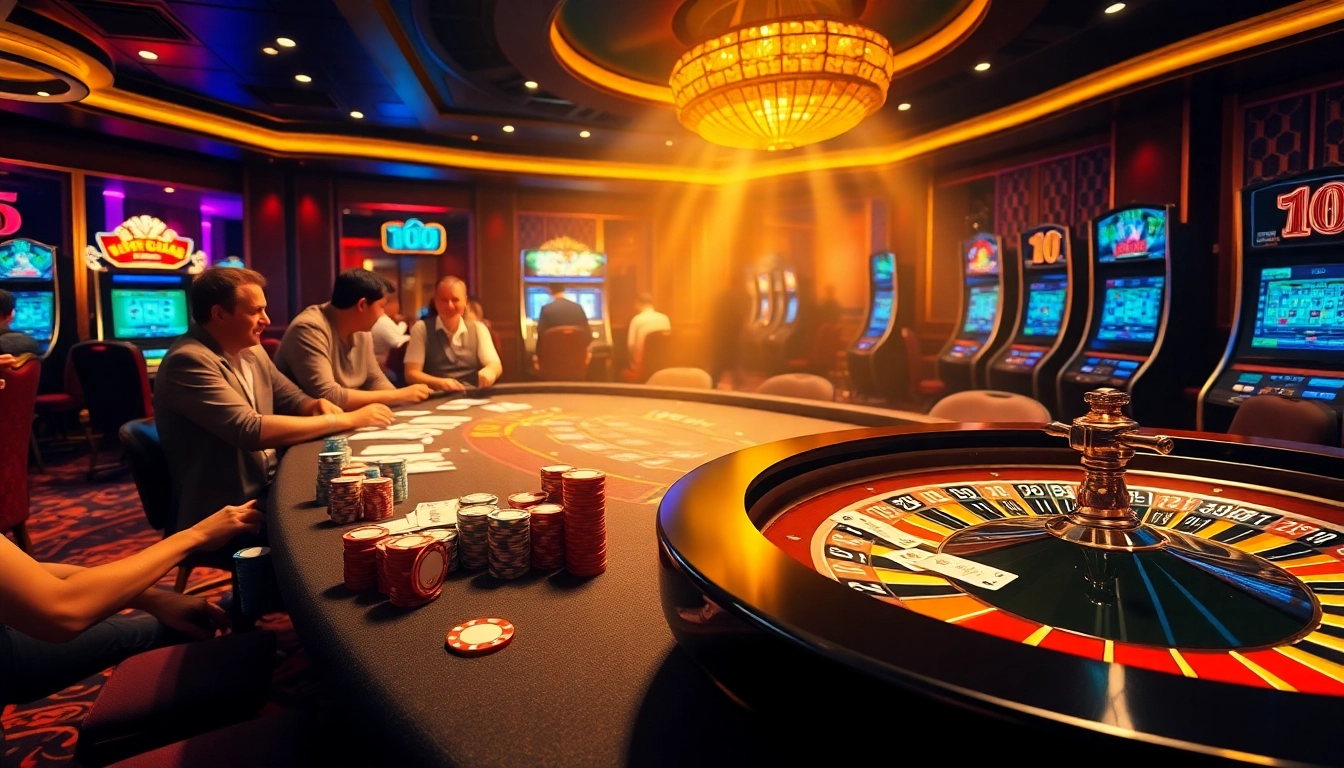 Experience the thrill of 상품권소액결제 in a vibrant casino atmosphere with poker tables, chips, and a roulette wheel.