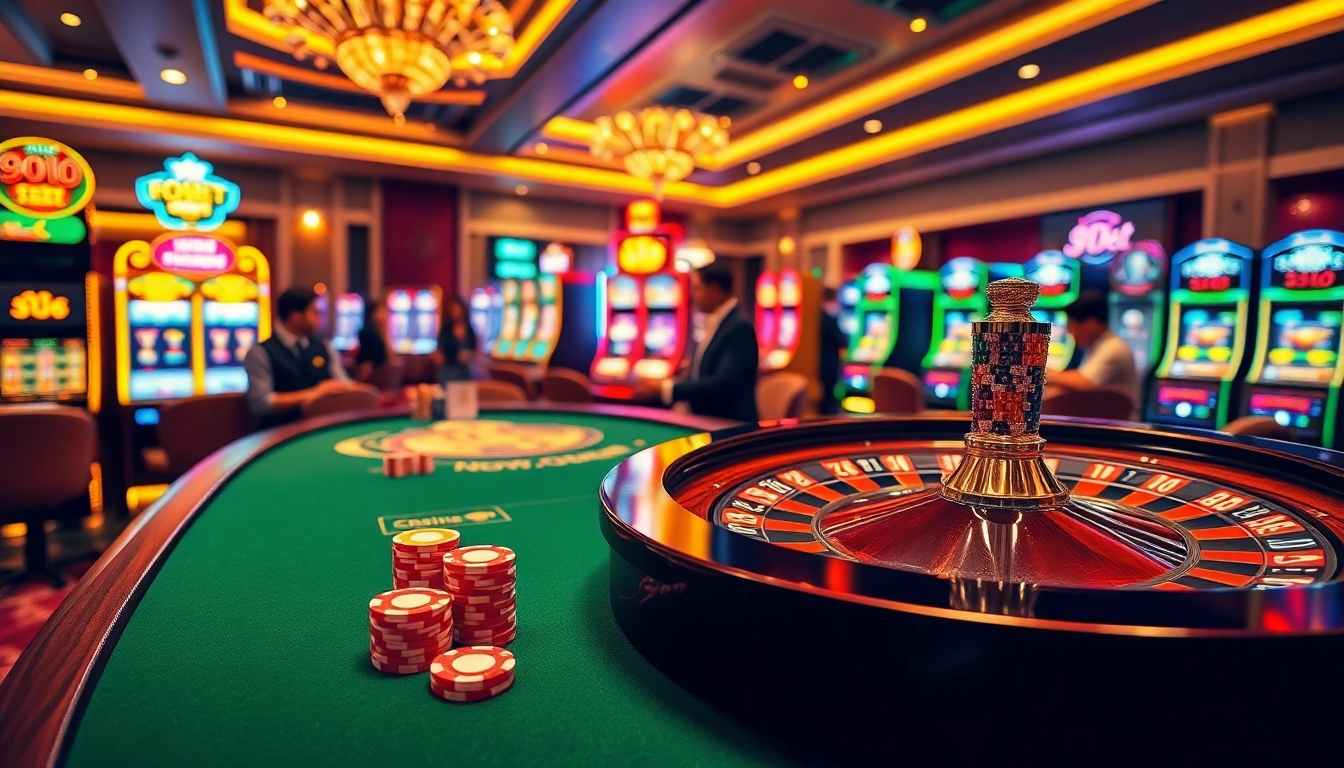 Engaging casino scene showcasing players at 9Dbet roulette table and vibrant slot machines.