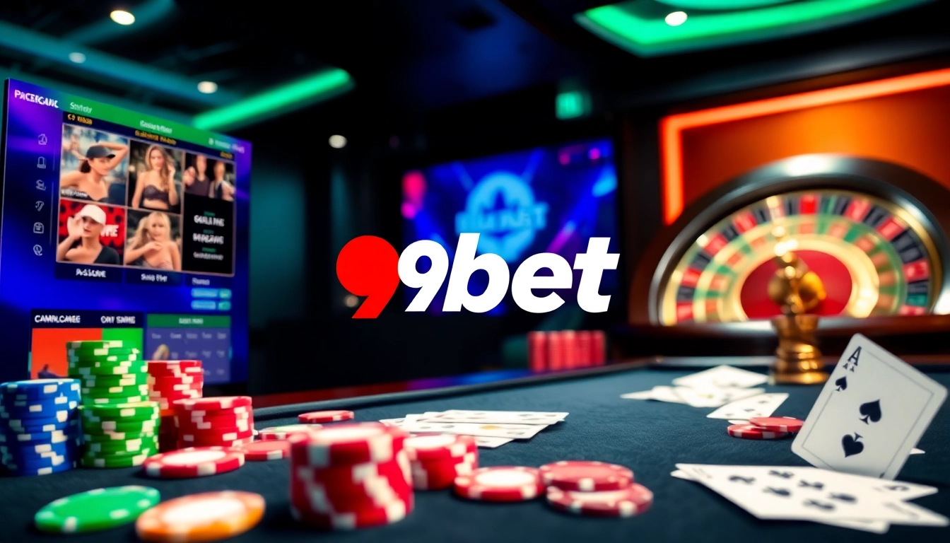 Engage in thrilling games at 9bet casino with an elegant poker table, vibrant chips, and a dynamic roulette wheel.