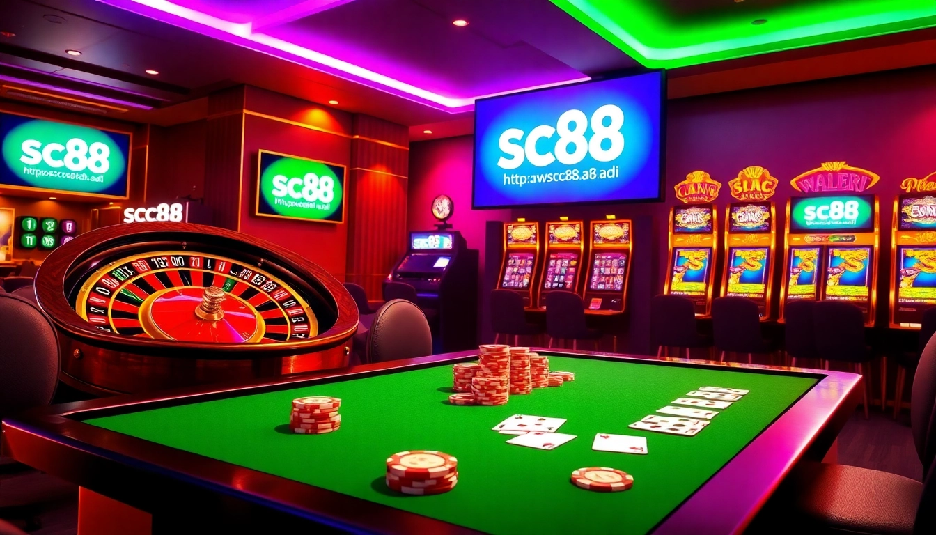 Exciting scene of online gambling at https://sc88.ad/, featuring a glamorous casino setting with vibrant roulette and slot machines.