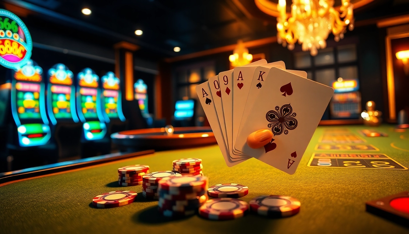 Winning at 688V with excited players at a luxurious casino table featuring vibrant poker chips.
