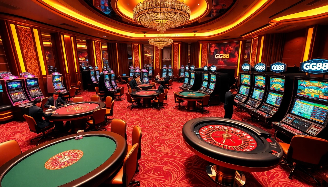 Experience the excitement of gaming at GG88 with luxurious casino tables and vibrant atmosphere.