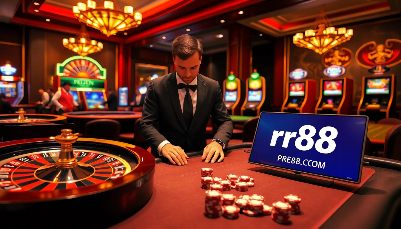 Engaging gamblers at rr88.com with a lively poker table and roulette wheel.