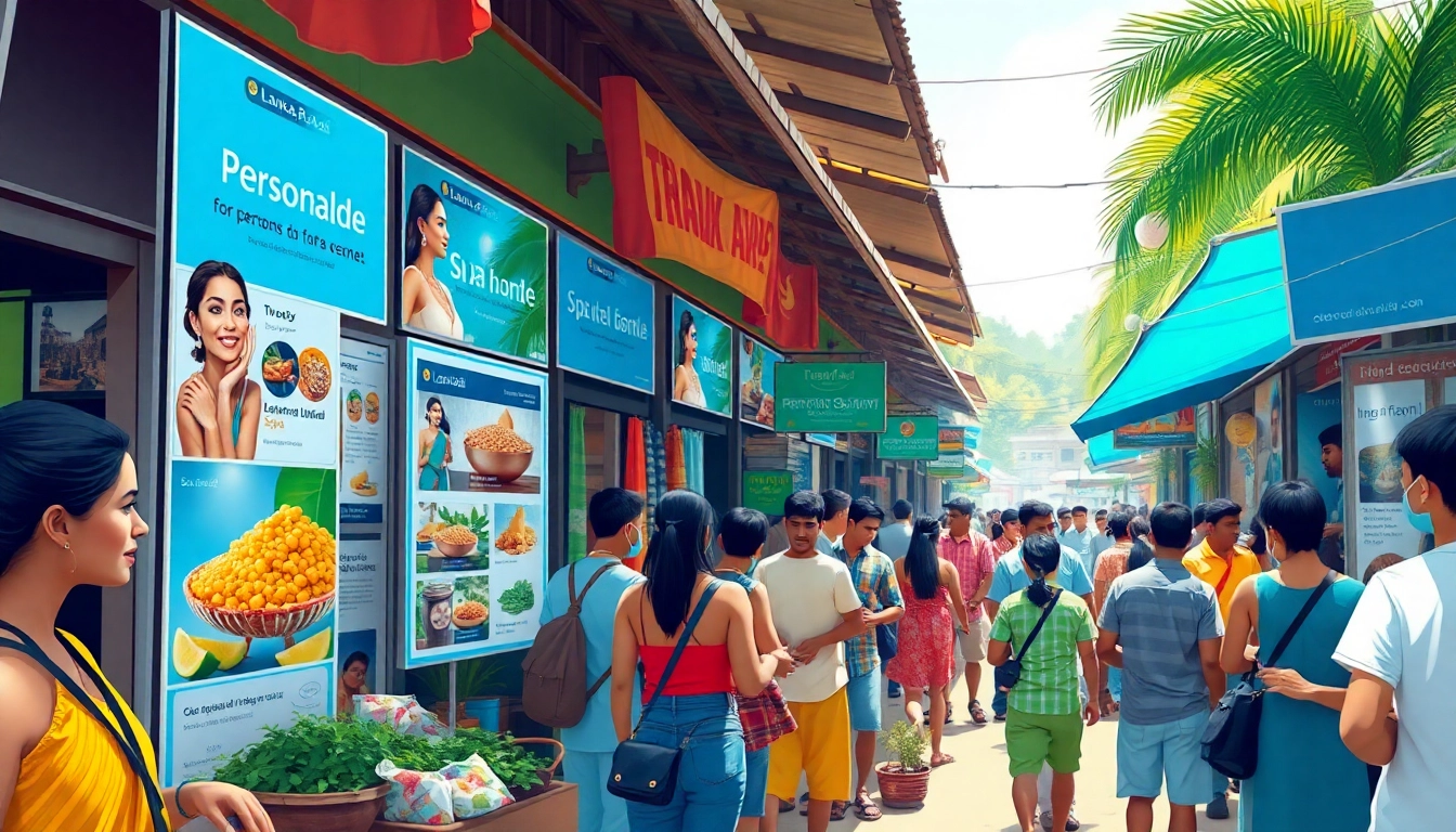 Lanka Ads marketplace showcasing vibrant personal and spa ads in a lively Sri Lankan setting.