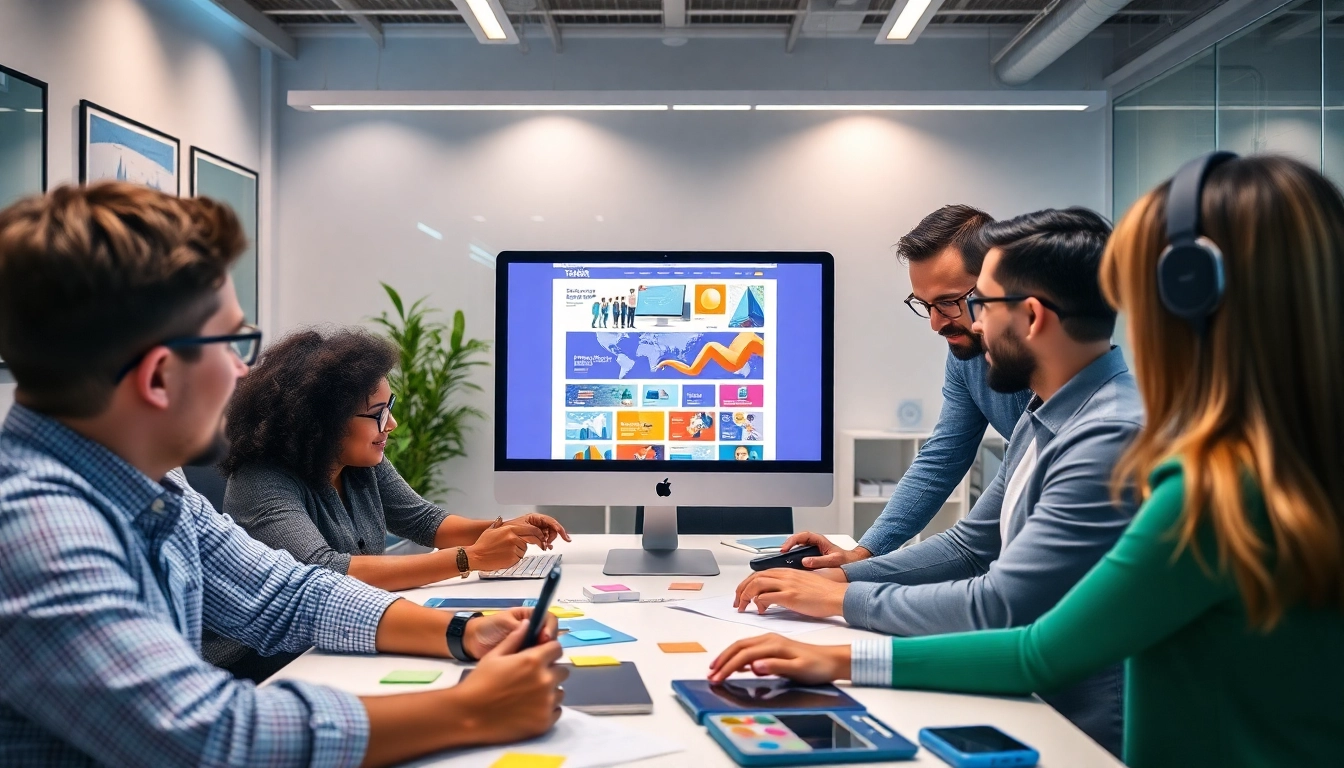 Design professionals collaborating on a vibrant website layout, showcasing thiết kế website theo yêu cầu expertise.