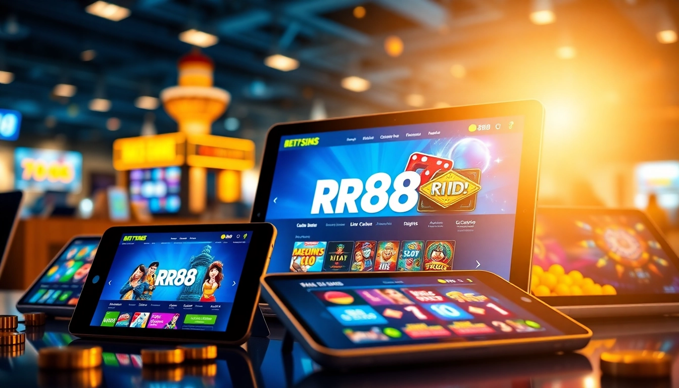 RR88 online betting platform with vibrant interface on smartphones and tablets, showcasing gaming excitement.