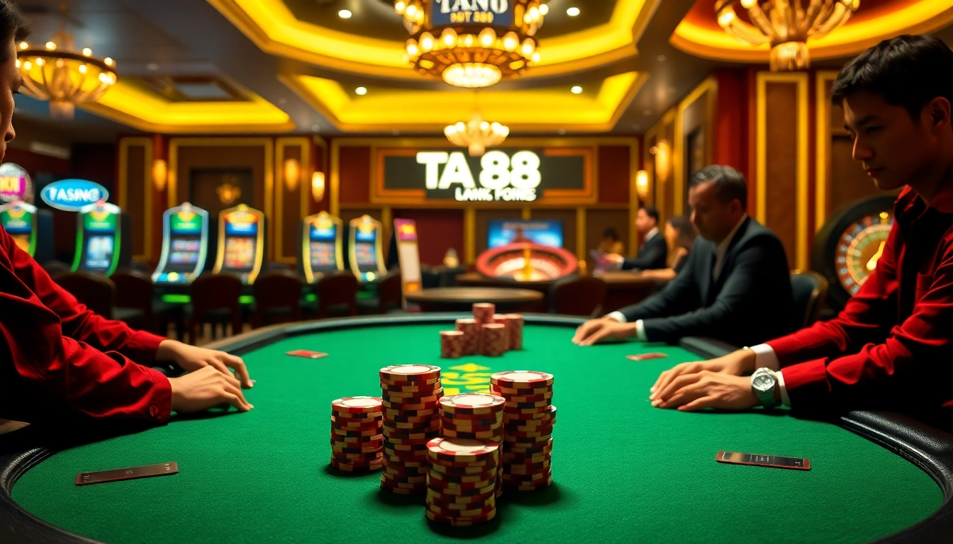 Players engage in a thrilling game of poker at TA 88 casino, showcasing vibrant chips and luxury ambiance.