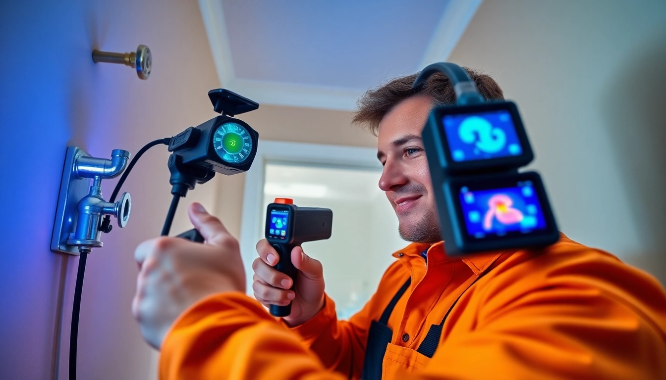 Technician performing leak detection using thermal imaging cameras and acoustic devices in a home setting.